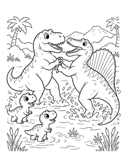 A friendly t rex coloring page showing dinosaurs playing together in a shallow prehistoric swamp.