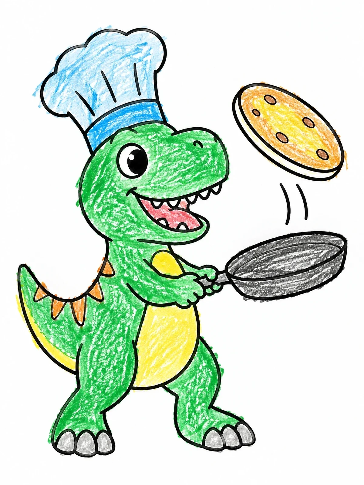 Colored example of the T Rex Chef Flipping A Pancake coloring page