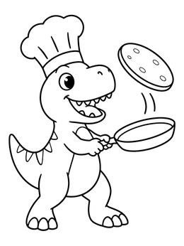 A cute t rex coloring page showing a baby dinosaur in a chef hat flipping a pancake in a pan.