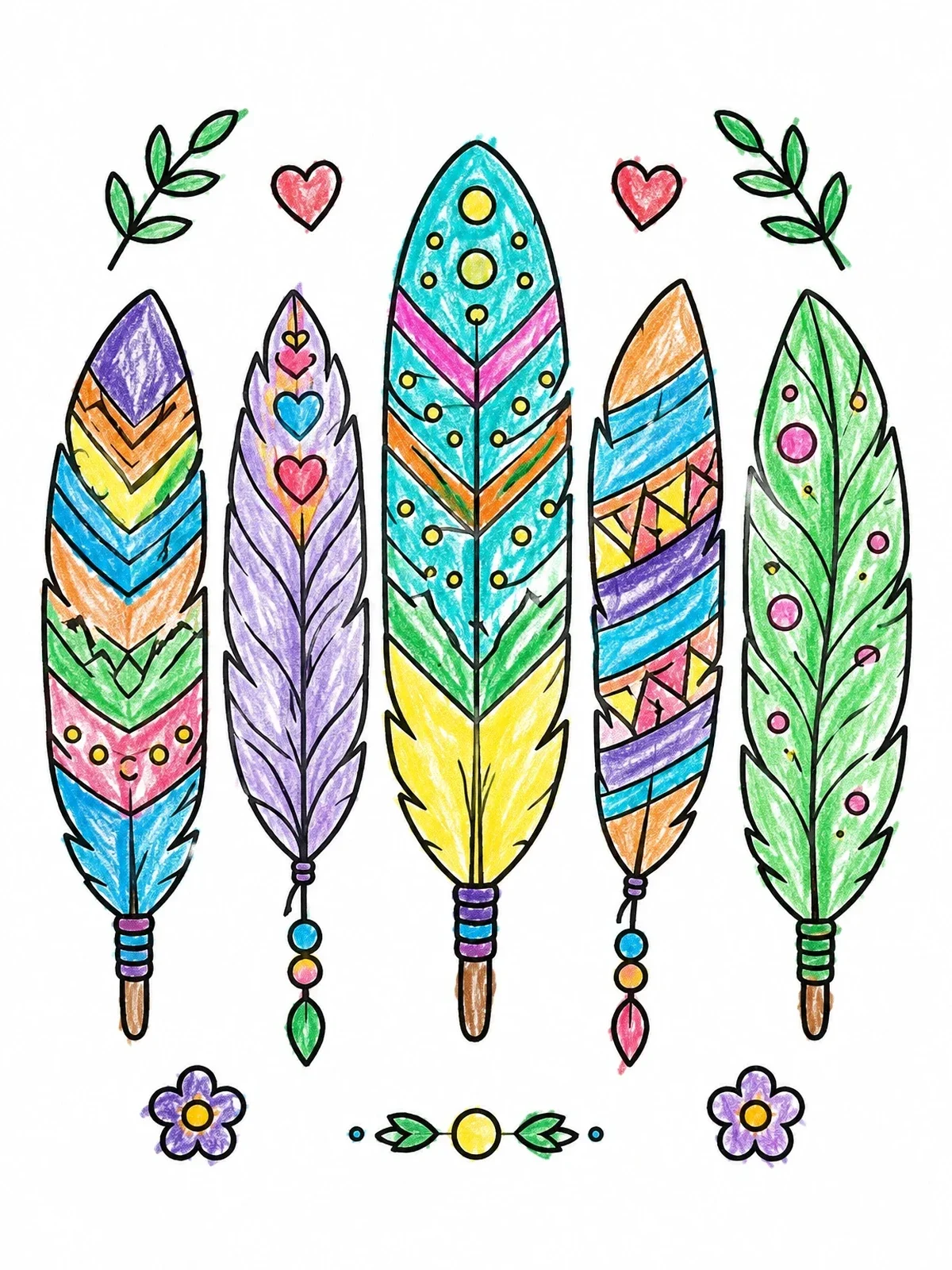 Colored example of the Boho Feathers With Patterns And Beads coloring page