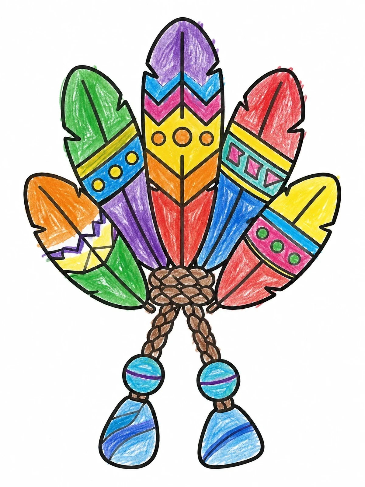 Colored example of the Bundle Of Patterned Feathers With Beads coloring page