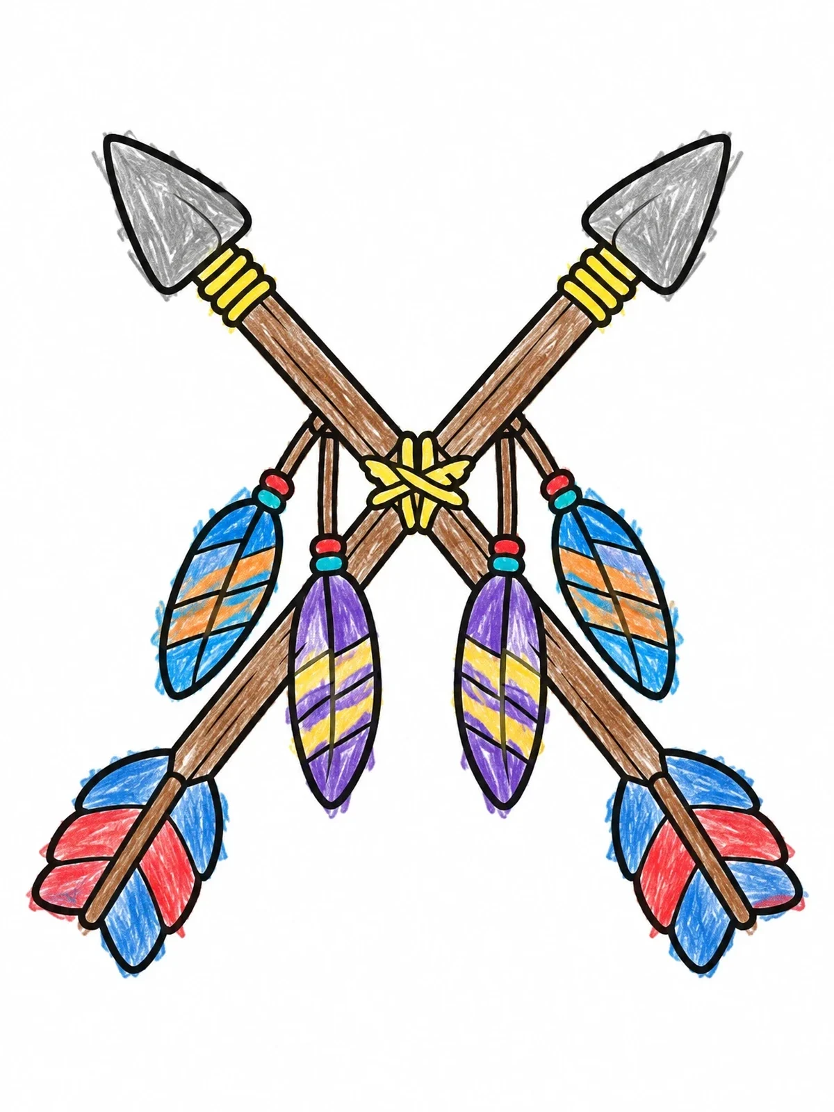 Colored example of the Crossed Arrows With Hanging Feathers coloring page