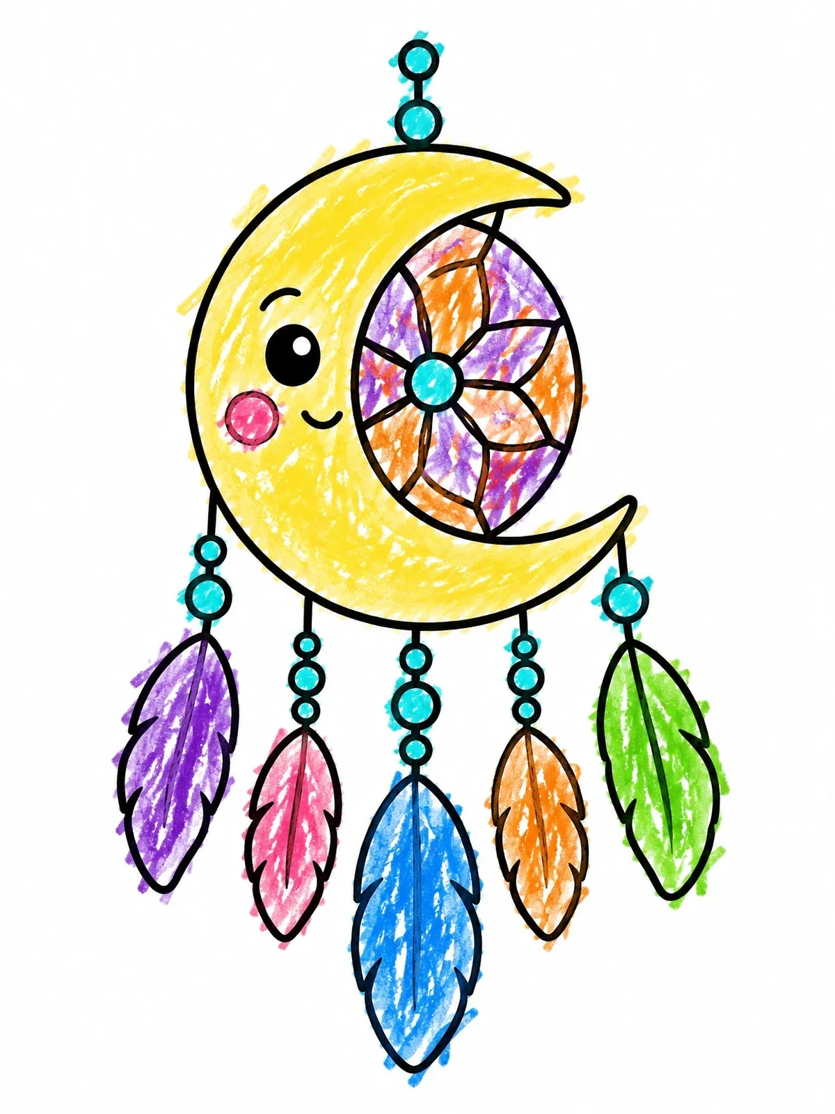 Colored example of the Cute Crescent Moon Dreamcatcher coloring page