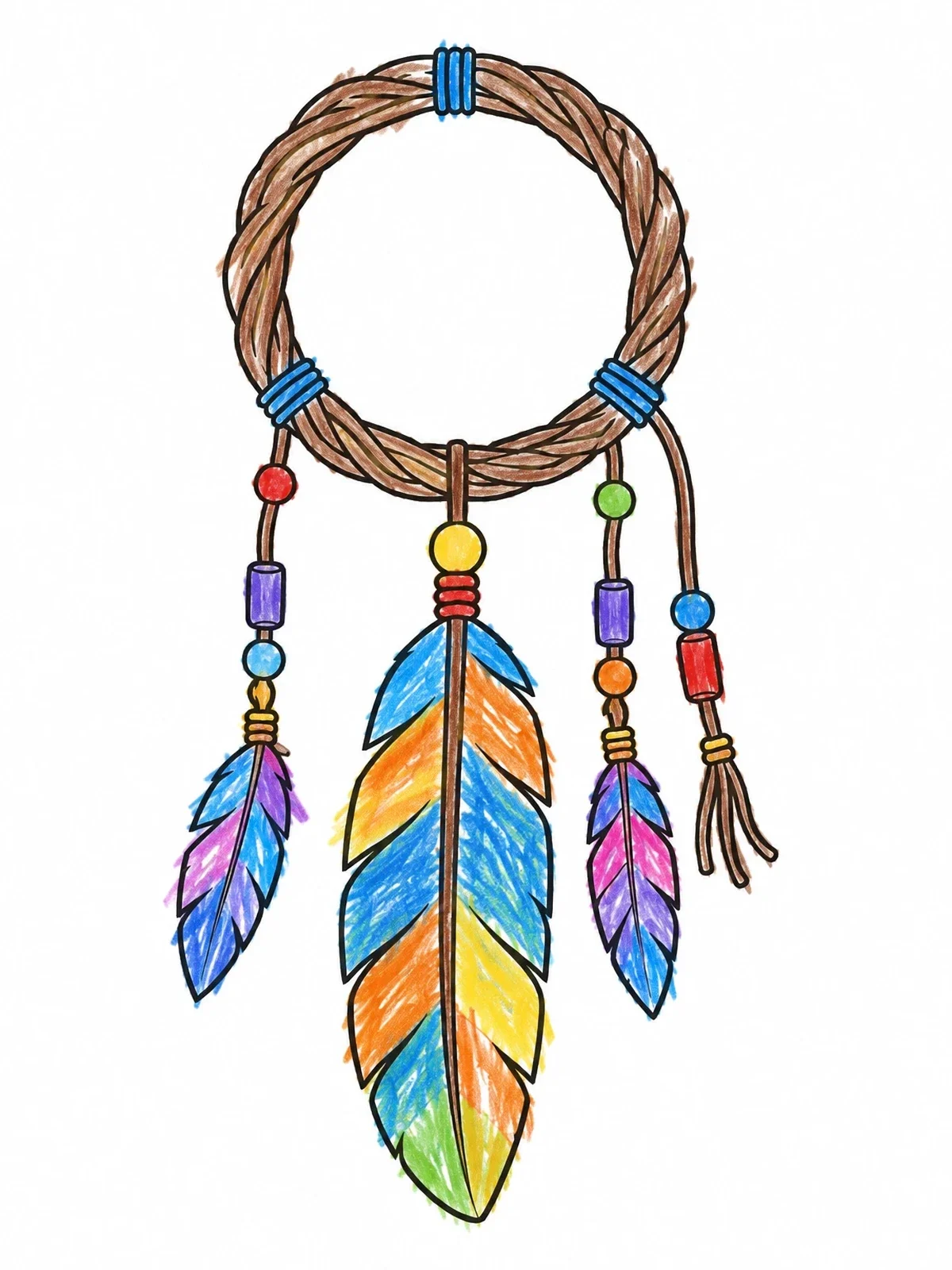 Colored example of the Dreamcatcher Hoop With Dangling Feathers coloring page