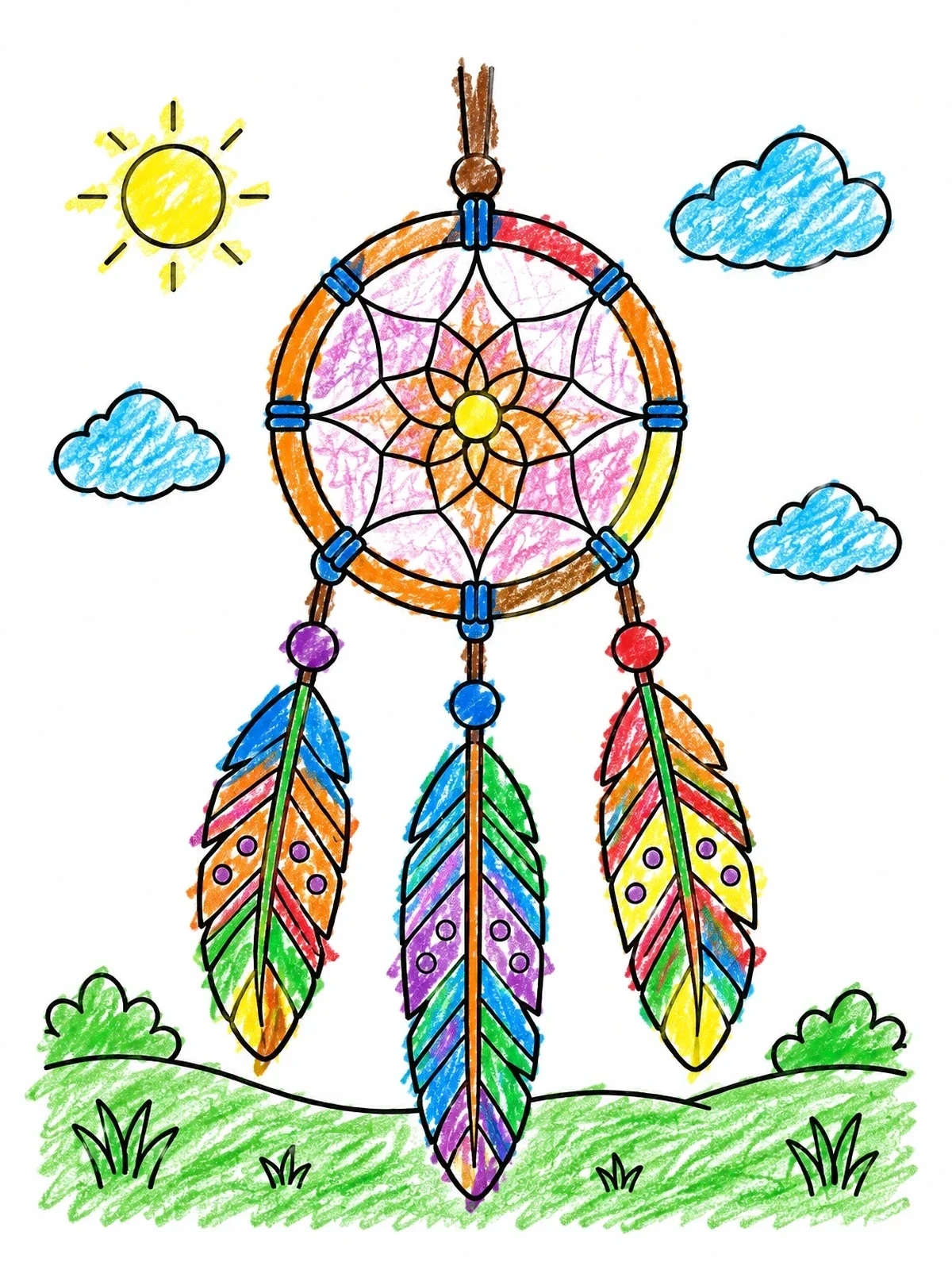 Colored example of the Dreamcatcher With Hanging Feathers coloring page