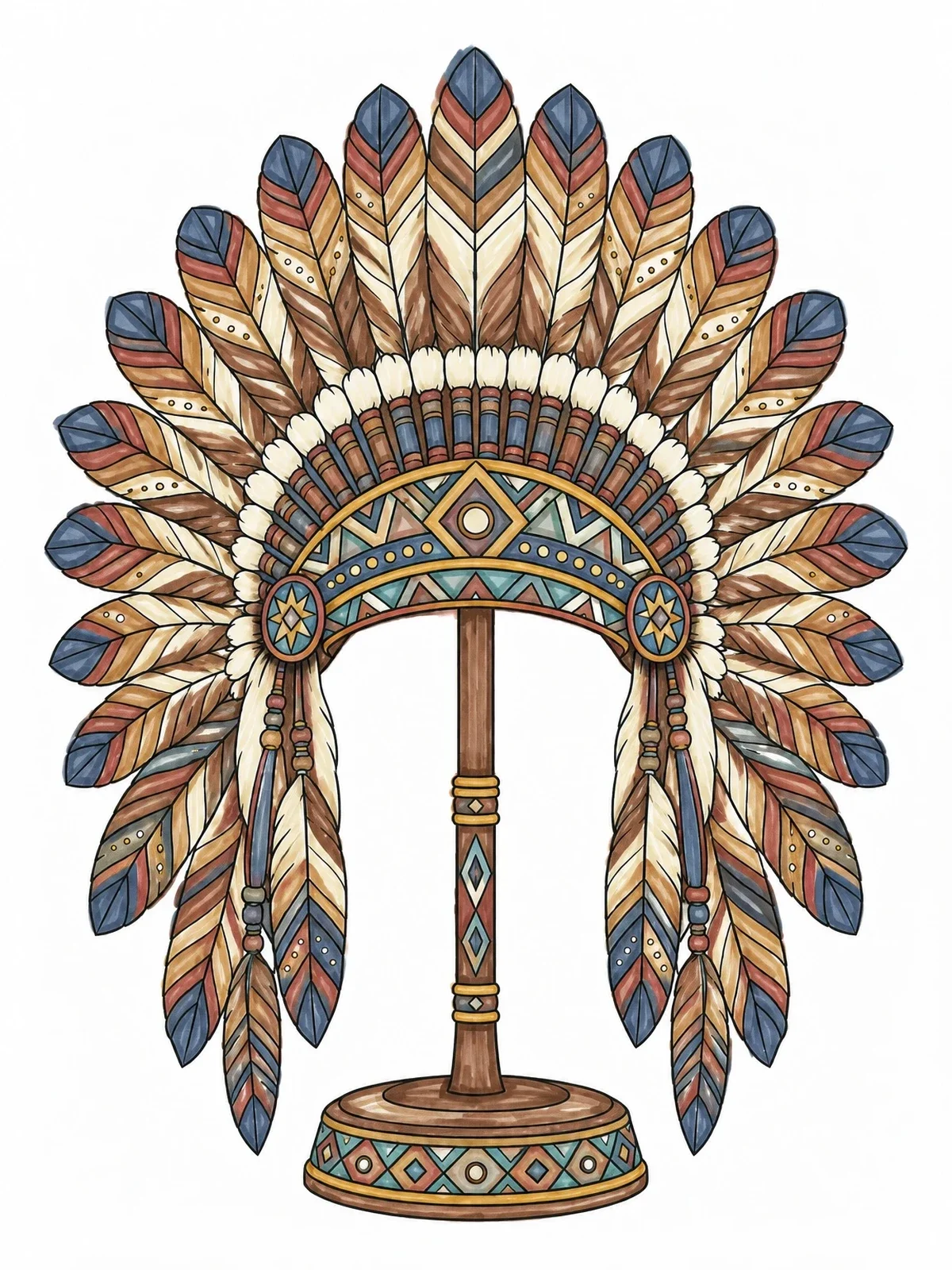 Colored example of the Tribal Feather Headdress On Stand coloring page