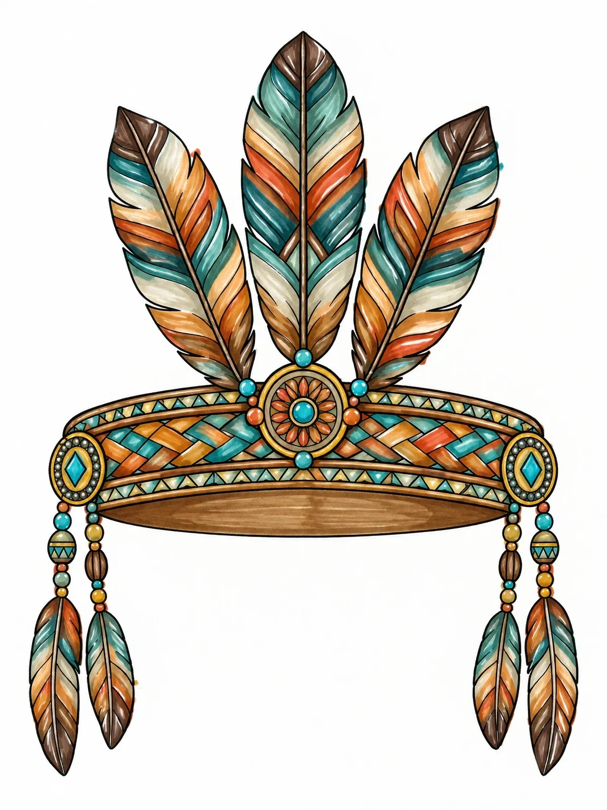 Colored example of the Ornate Feathered Headband With Beads coloring page