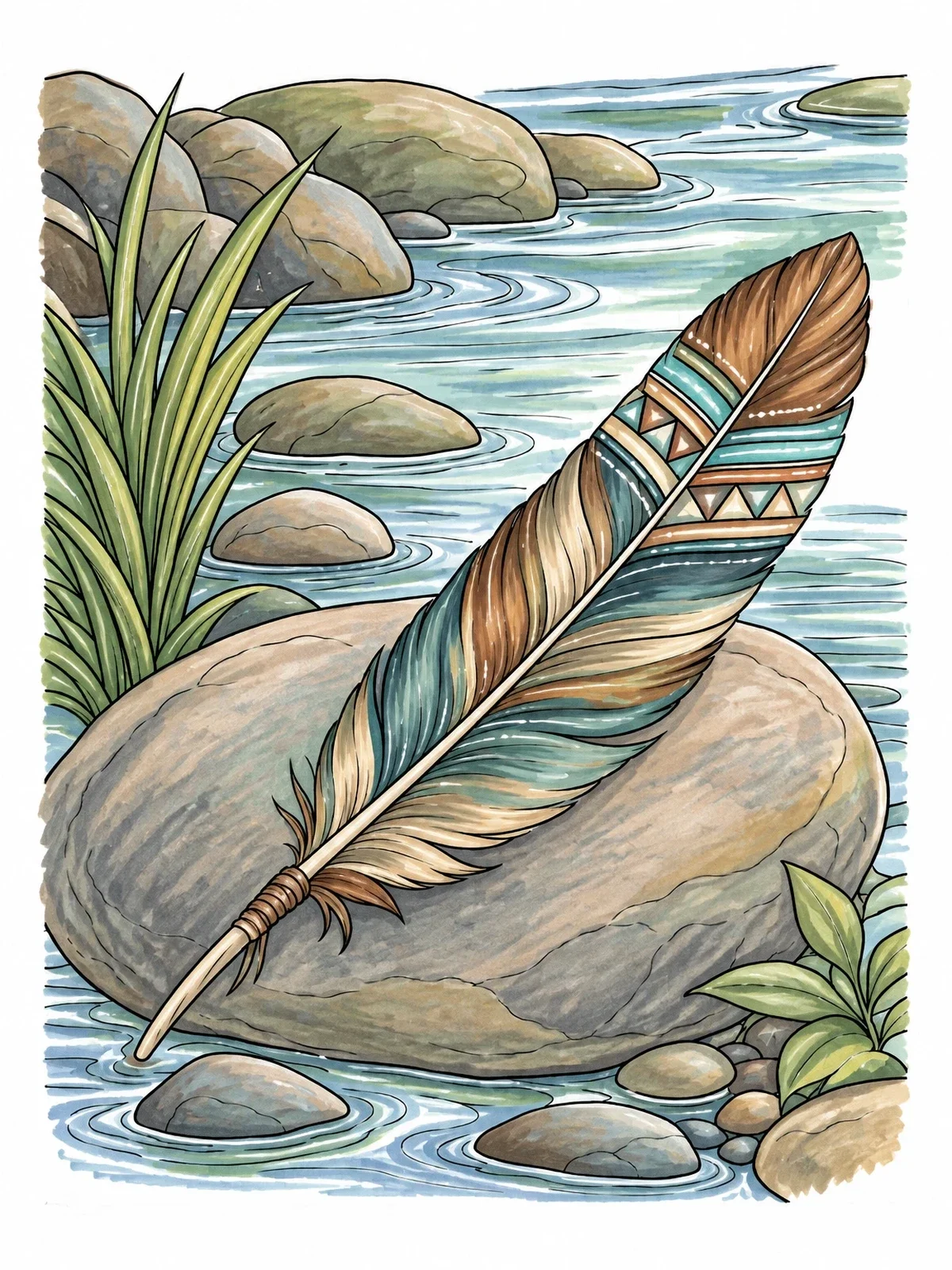 Colored example of the Patterned Feather On River Stone coloring page