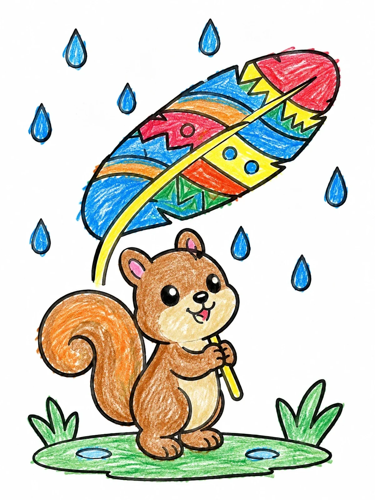 Colored example of the Cute Squirrel Holding Feather Umbrella coloring page
