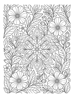 Intricate tribal flower coloring page featuring a central star surrounded by leafy blooms.