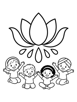 Free printable Happy Children And Lotus Flower coloring page