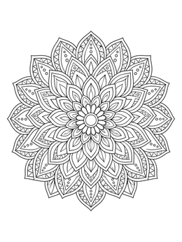An intricate tribal flower coloring page featuring a symmetrical dahlia mandala with layered petals.