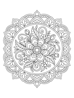 An intricate floral mandala adorns this tribal flower coloring page.