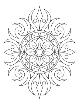 Symmetrical tribal flower coloring page framed with sharp curves and radiating spikes.