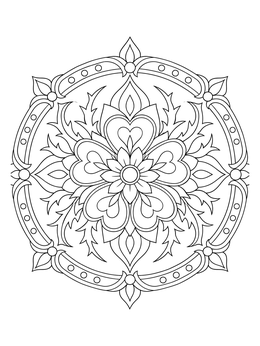 Intricate tribal flower coloring page featuring heart-shaped petals and ornate circular borders.