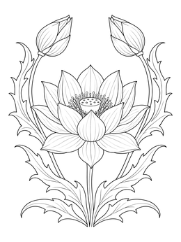 An intricate tribal flower coloring page featuring a blooming lotus flanked by buds and pointed leaves.