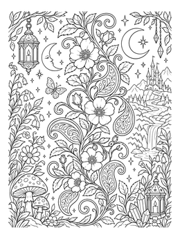 A magical tribal flower coloring page featuring roses, paisley swirls, lanterns, and a distant castle.