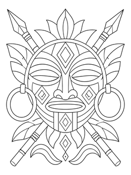 A decorative tribal mask with earrings and crossed spears in this tiki coloring page.