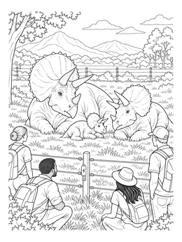 Visitors watching a triceratops family in this dinosaur park coloring page.