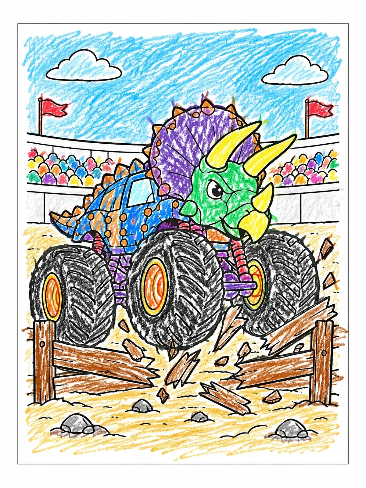 Colored example of the Triceratops Monster Truck Smashing Fence coloring page