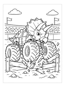 A triceratops monster truck coloring page showing the vehicle smashing through a wooden arena fence.