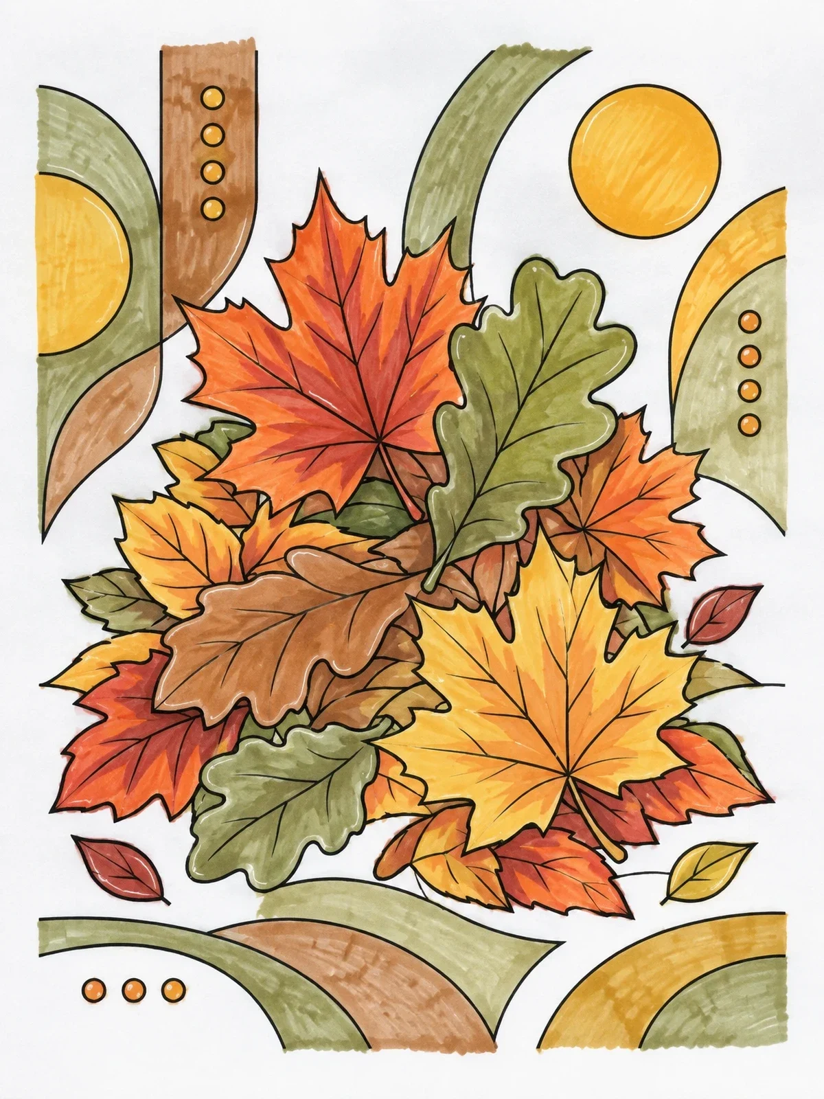 Colored example of the Autumn Oak And Maple Leaves coloring page