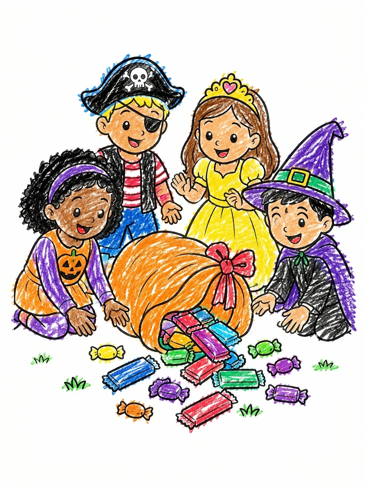 Colored example of the Children Sharing Halloween Candy Bag coloring page
