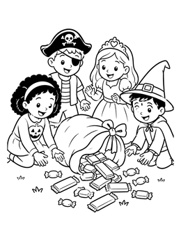 Costumed kids gather around spilled sweets in this trick or treat coloring page.