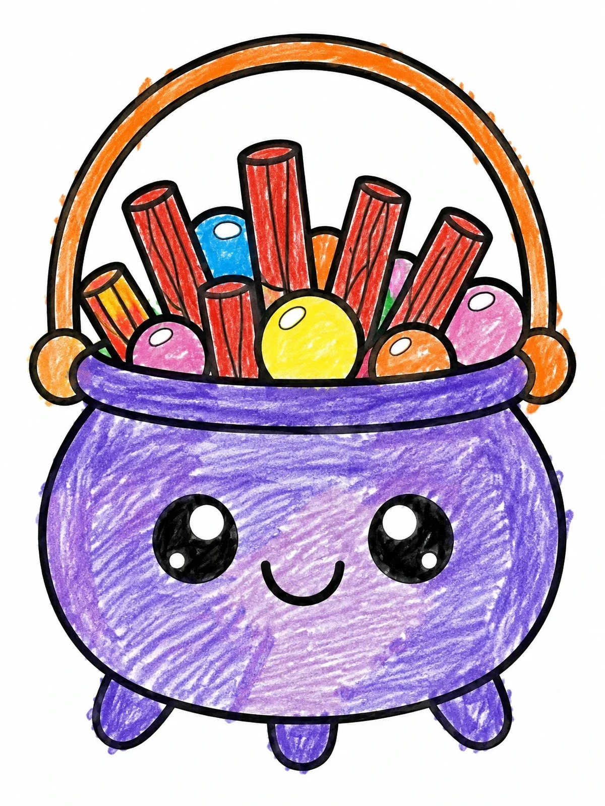 Colored example of the Cute Cauldron Candy Bucket coloring page