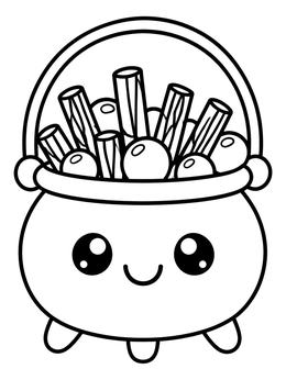A smiling cauldron bucket filled with candy on a trick or treat coloring page.
