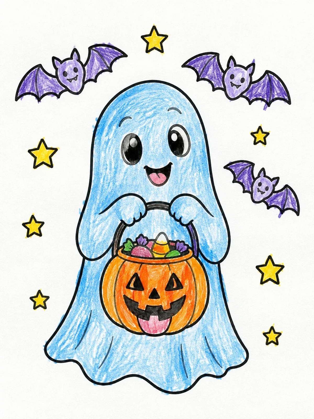 Colored example of the Cute Ghost With Pumpkin Candy Bucket coloring page