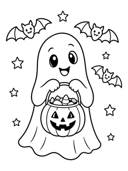 A cheerful ghost holds a pumpkin bucket in this trick or treat coloring page surrounded by bats and stars.