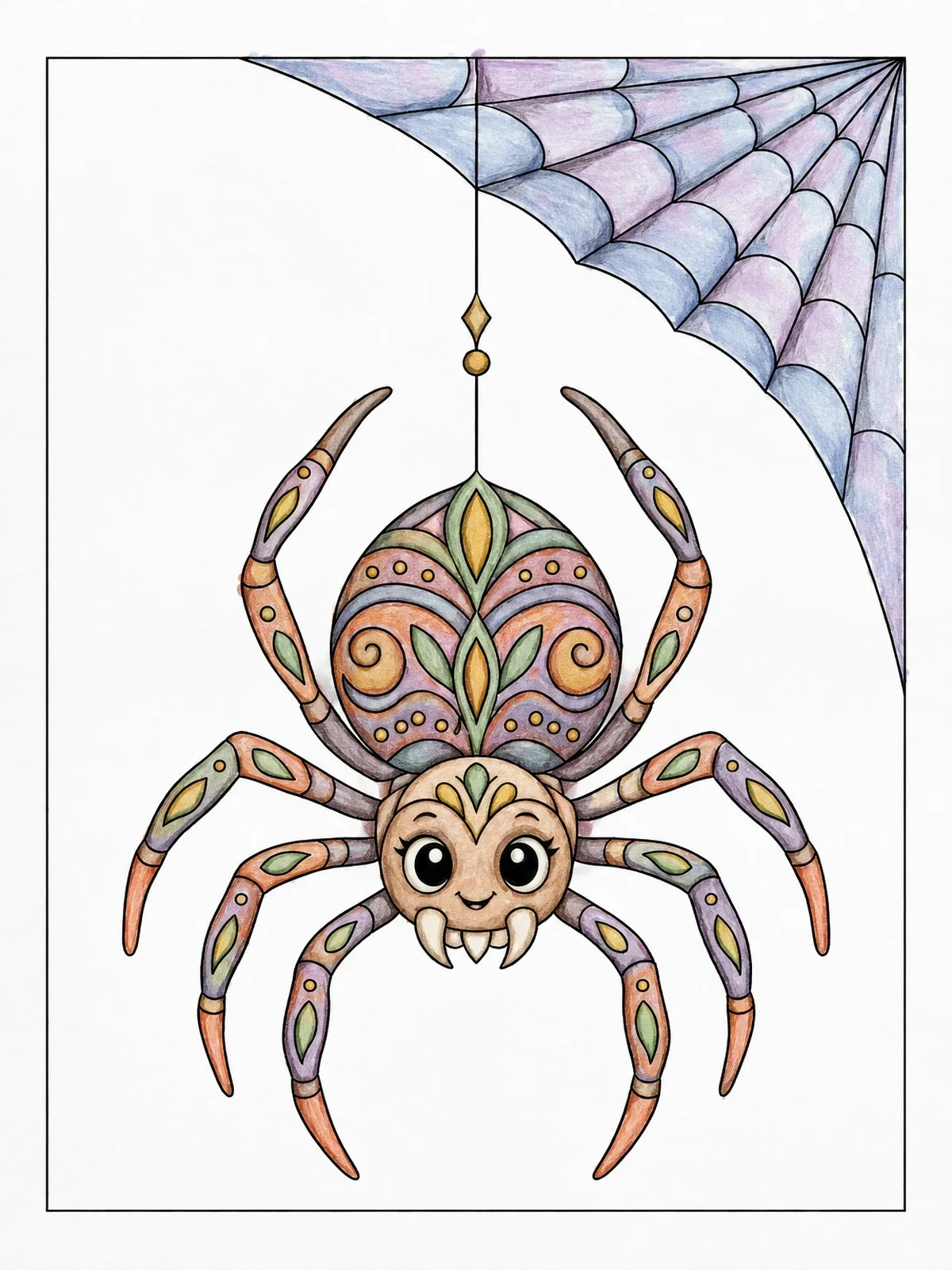 Colored example of the Cute Patterned Spider In Web coloring page