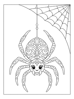 A friendly spider in a web adorns this trick or treat coloring page.