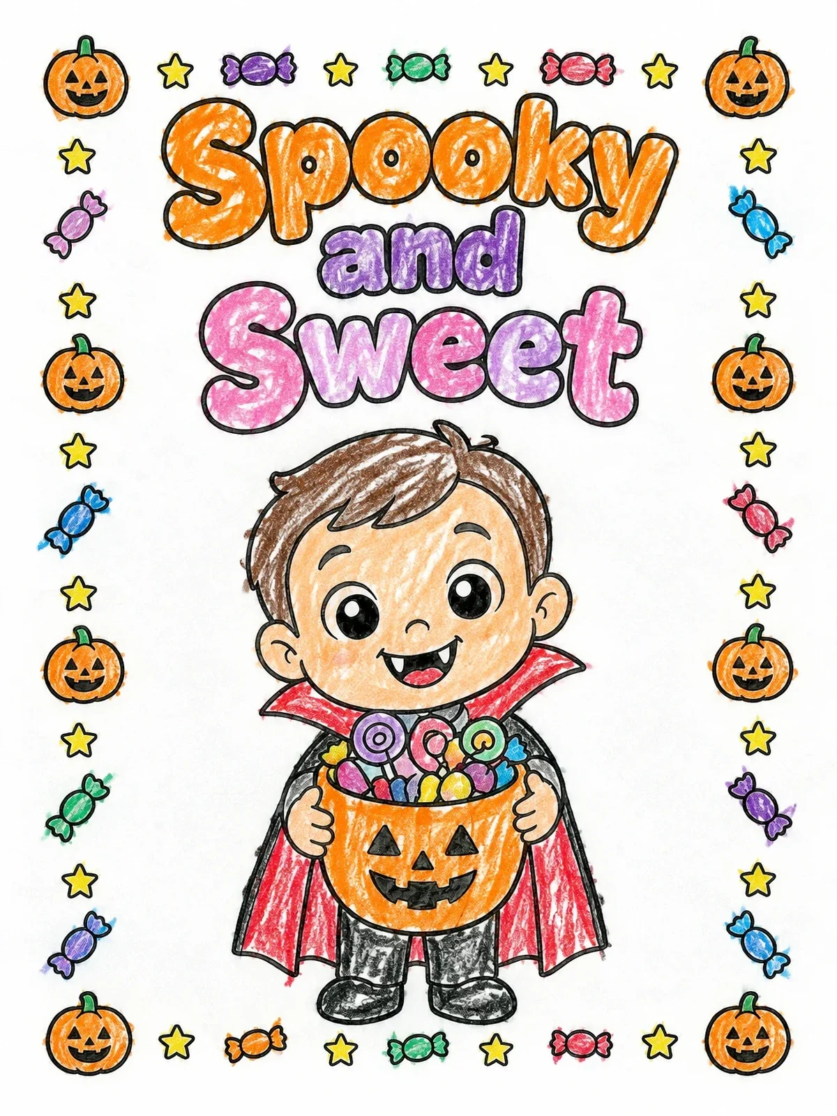 Colored example of the Cute Toddler Vampire With Candy Bucket coloring page