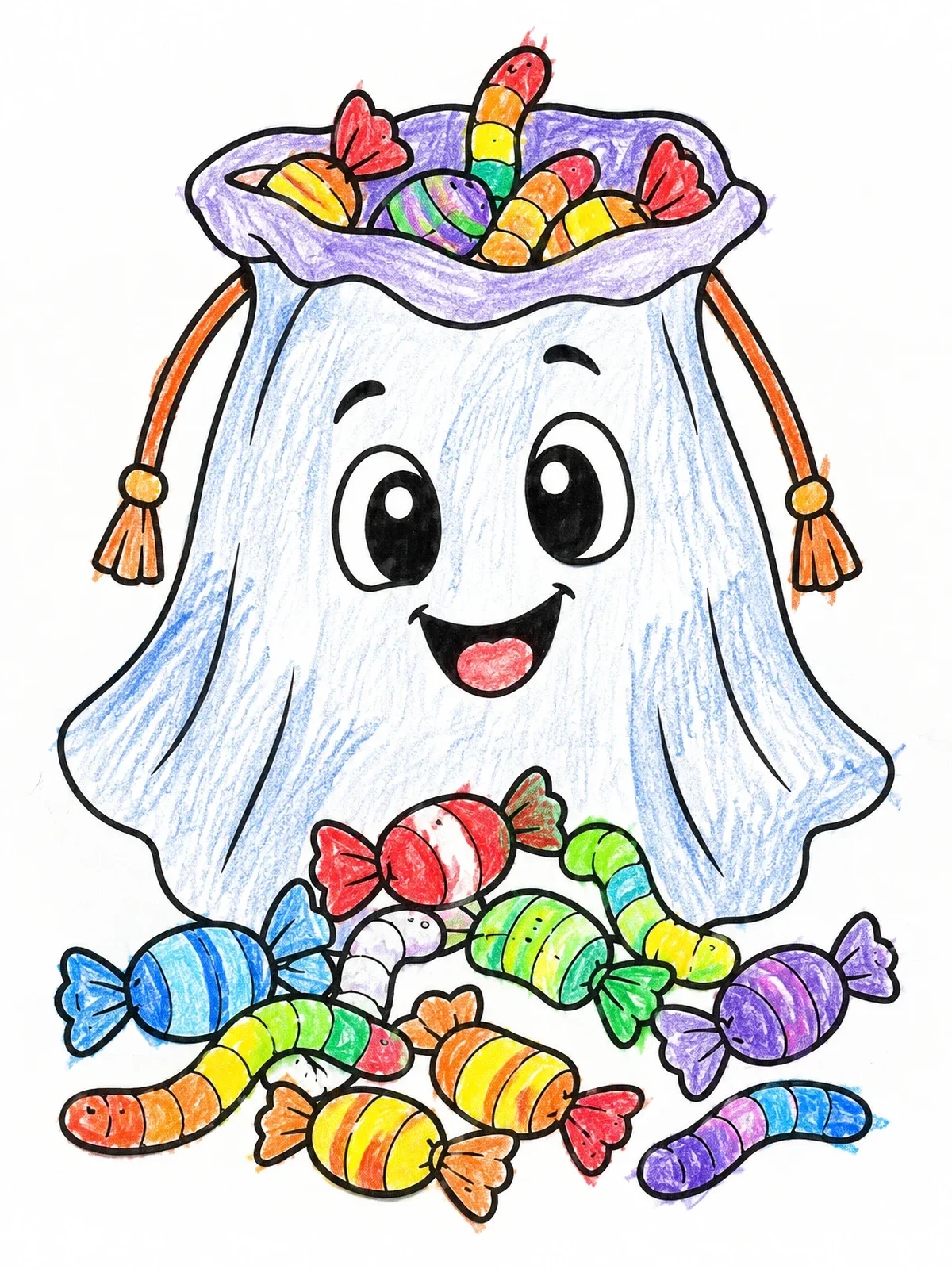 Colored example of the Friendly Ghost Candy Bag With Sweets coloring page