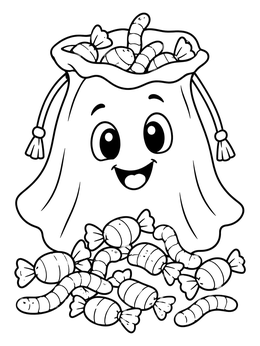 A cheerful ghost candy bag spills wrapped treats in this trick or treat coloring page.