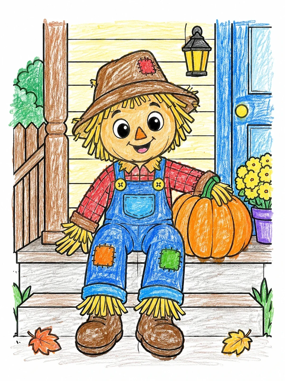 Colored example of the Friendly Scarecrow Sitting On Porch coloring page
