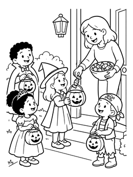 Kids in costume receive treats in this halloween candy coloring page.