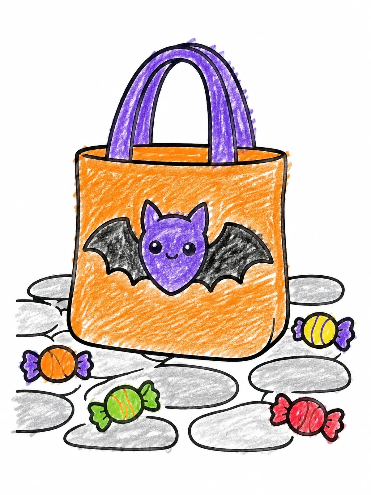 Colored example of the Halloween Goodie Bag With Bat coloring page