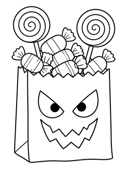 A trick or treat coloring page showing a spooky paper bag filled with lollipops and wrapped candies.