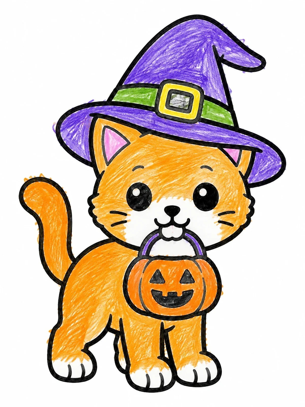 Colored example of the Halloween Kitten In Witch Hat coloring page