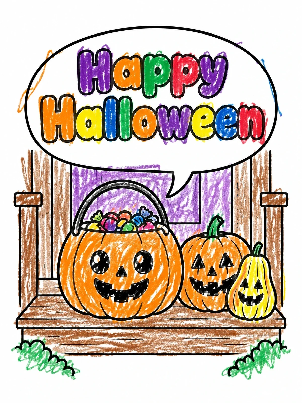 Colored example of the Halloween Pumpkins On Porch Step coloring page