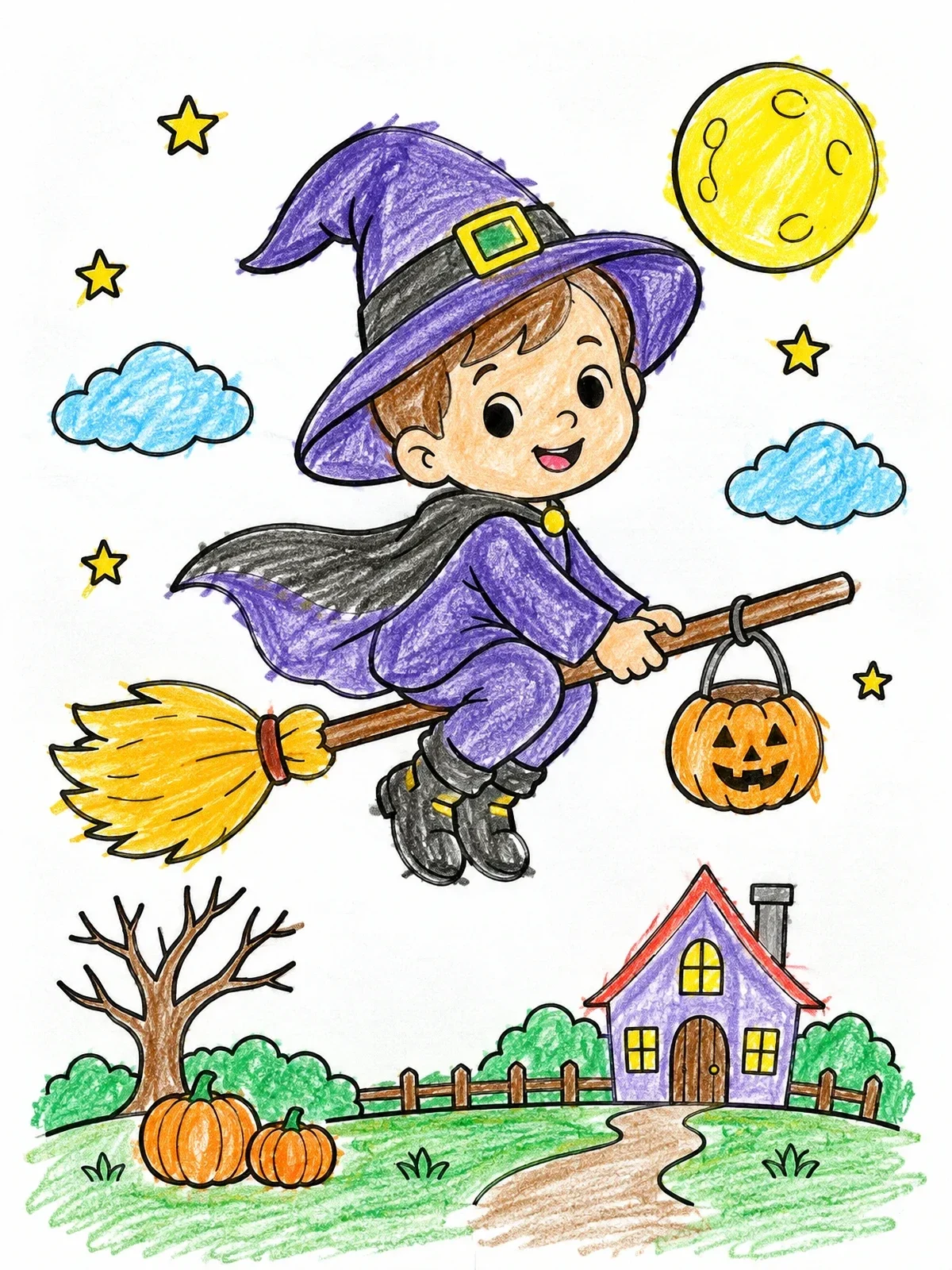 Colored example of the Little Witch Flying On Broomstick coloring page