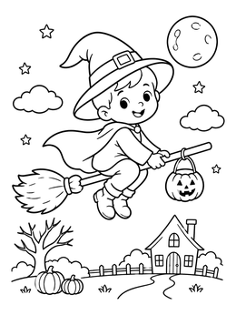 A trick or treat coloring page showing a toddler witch flying on a broomstick with a pumpkin bucket.