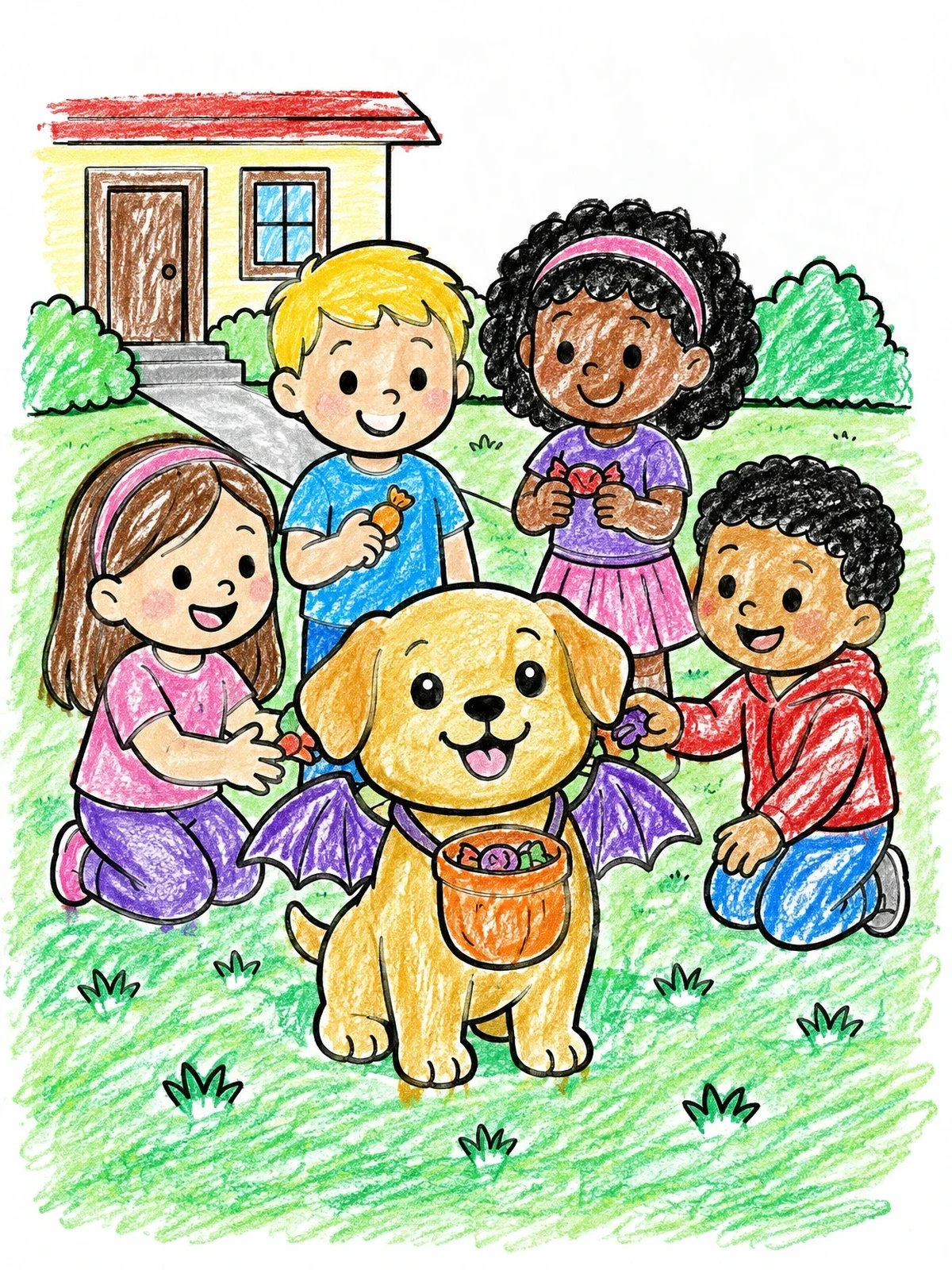 Colored example of the Puppy In Bat Wings With Children coloring page
