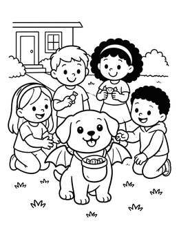 Free printable Puppy In Bat Wings With Children coloring page