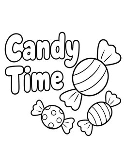 A sweet trick or treat coloring page featuring wrapped candies and bold Candy Time text.