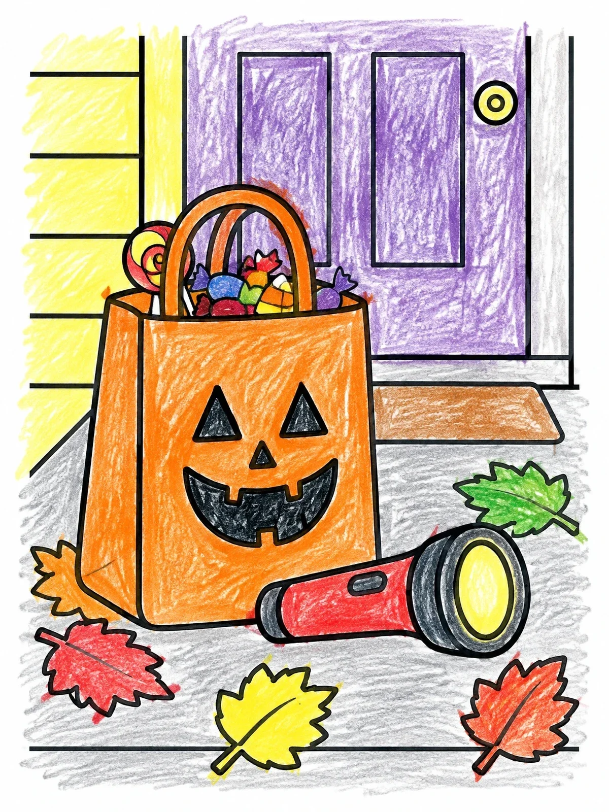 Colored example of the Treat Bag And Flashlight On Porch coloring page