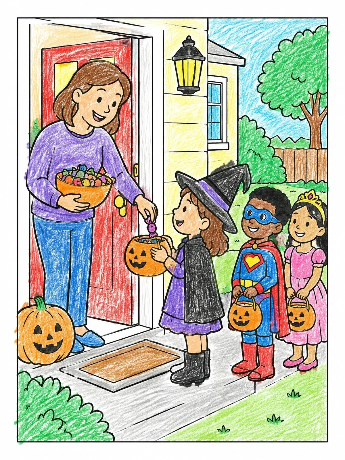 Colored example of the Trick Or Treaters At The Front Door coloring page